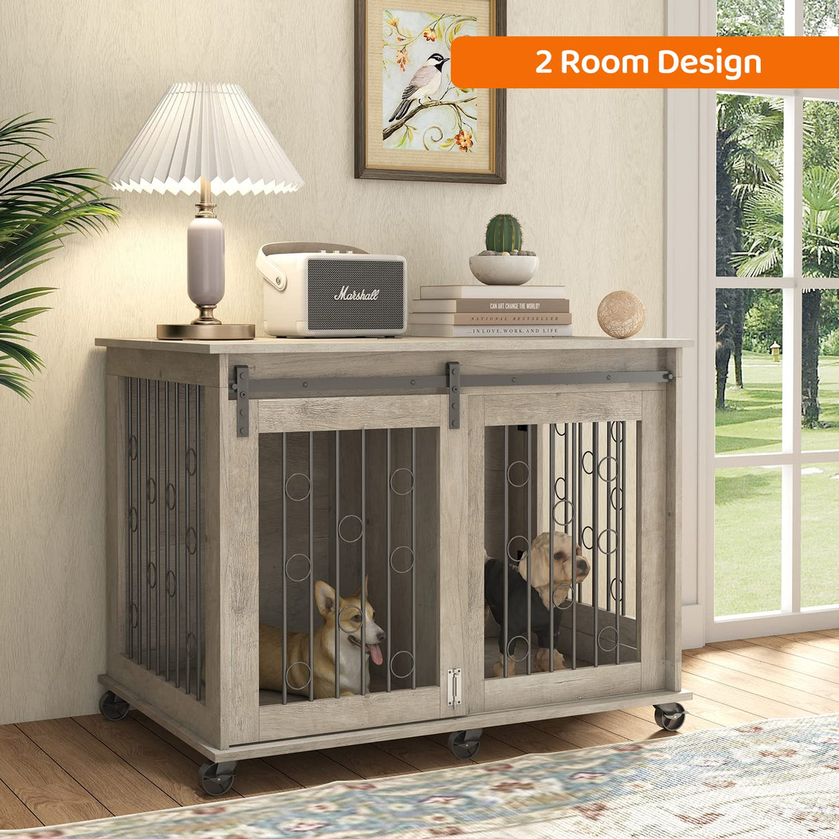 IchbinGo Large Dog Crate Furniture with Sliding Barn Door, 43.7" Wooden Dog Kennel End Table with Wheels and Flip-top Plate Dog House with Detachable Divider for Small/Medium/Large Dog (Rustic Grey) IchbinGo