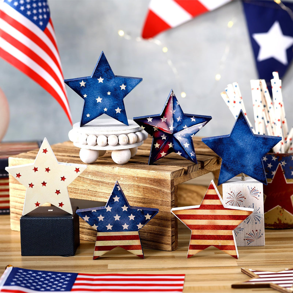 Beeveer 6 Pcs 4th of July Wooden Stars Signs Star Tiered Tray Decor Red Blue White Wood Star Shape Table Blocks for Party Home Office Table Shelf Decor for Independence Day(Patriotic Style) Beeveer