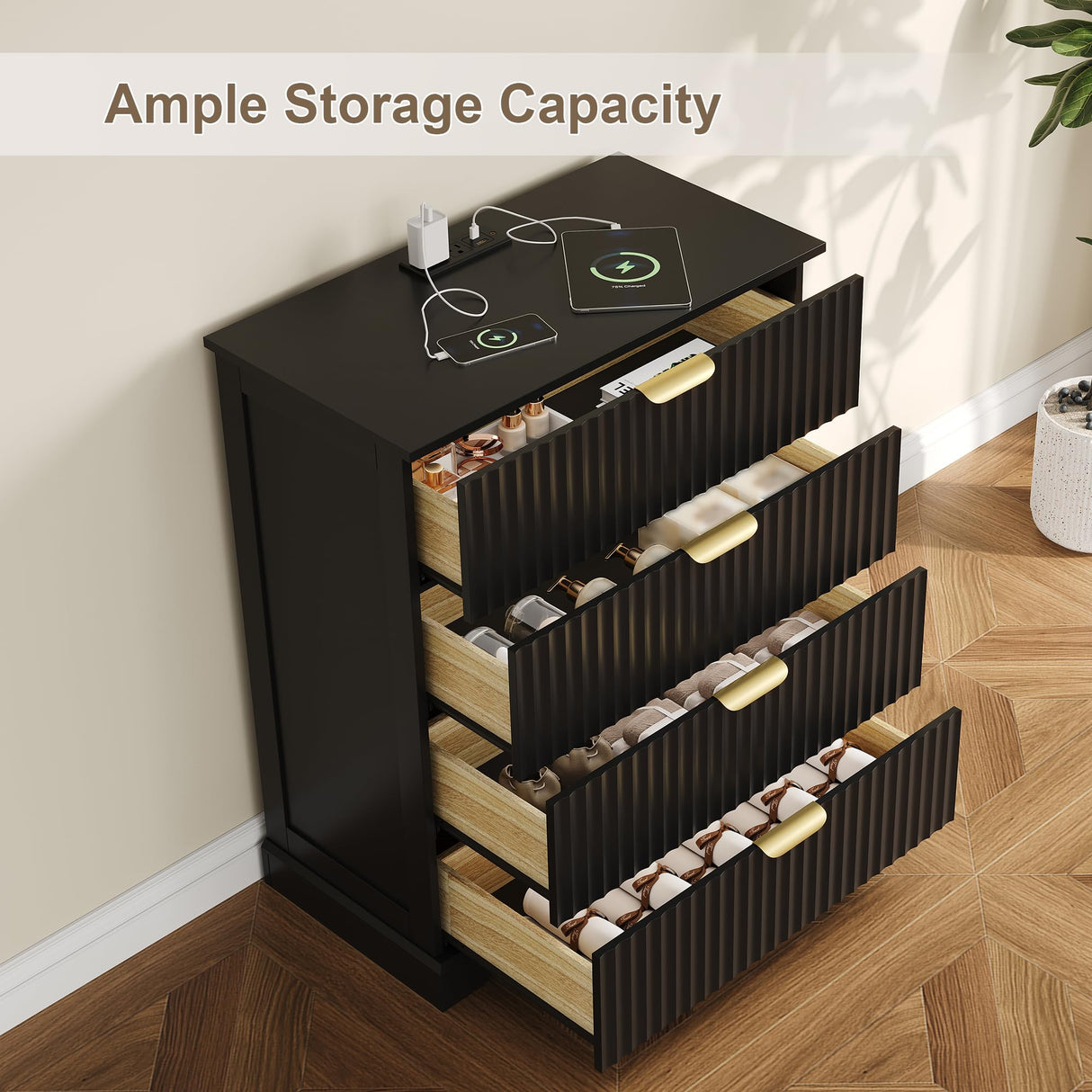ProsperHaven Fluted Dresser with 4 Drawers for Bedroom, 36.6" Tall Dresser with Charging Station, Wooden Chest of Drawers for Bedroom, Living Room, Entryway, Black ProsperHaven