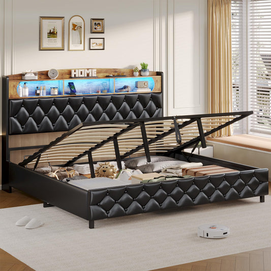 ADORNEVE King Size Lift Up Storage Bed, Upholstered Platform Bed Frame with Storage Headboard, Charging Station & LED Lights, Hydraulic Storage, Wood Slats Support, No Box Spring Needed, PU Black