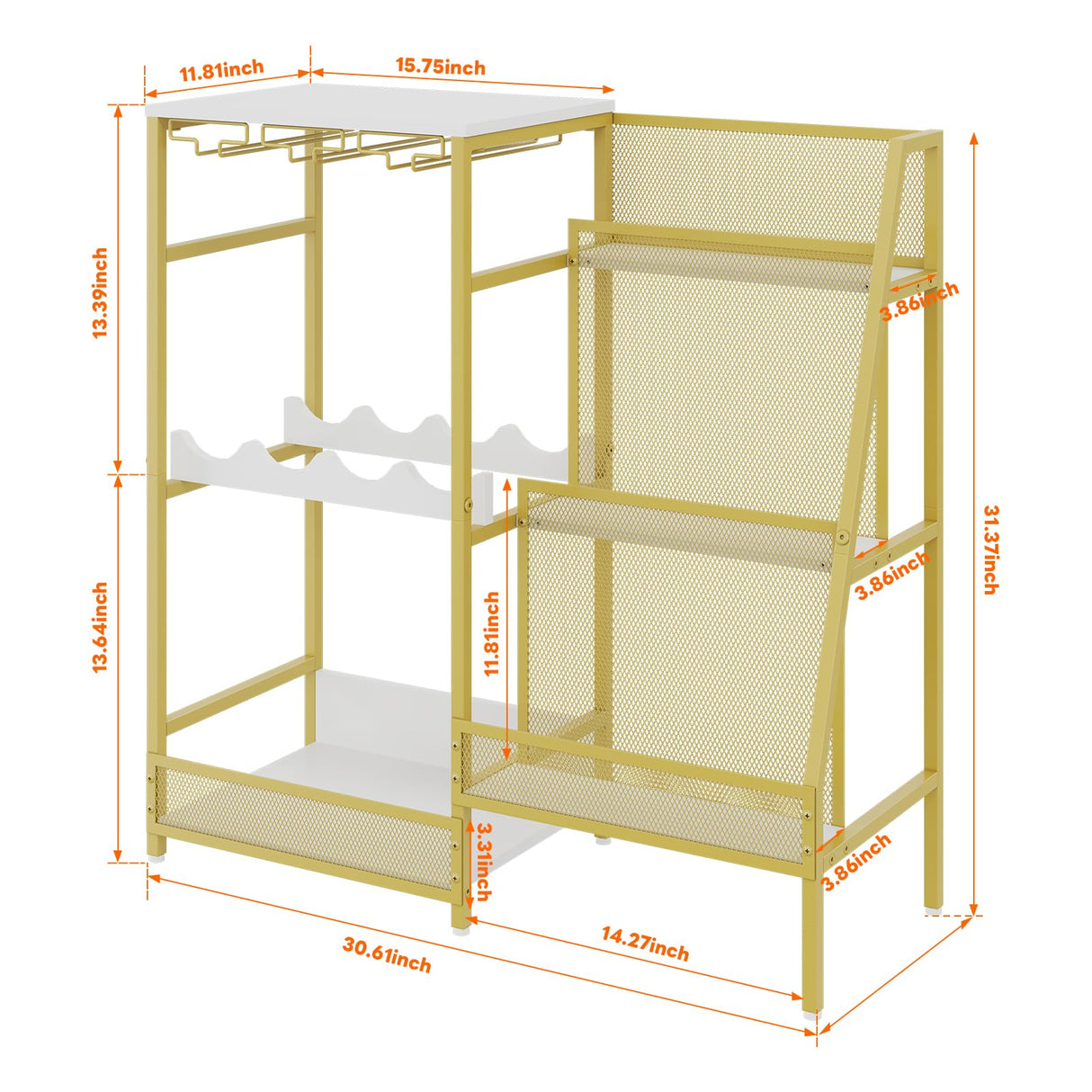 Gold Liquor Stand with Glass Holder, Multifunctional Wine Rack Freestanding Floor with Fences, Mini Bar Table for Liquor Whiskey Wine, 3-Tier Trapezoidal Liquor Cabinet for Home Bar (Patent Pending) Hayexiha