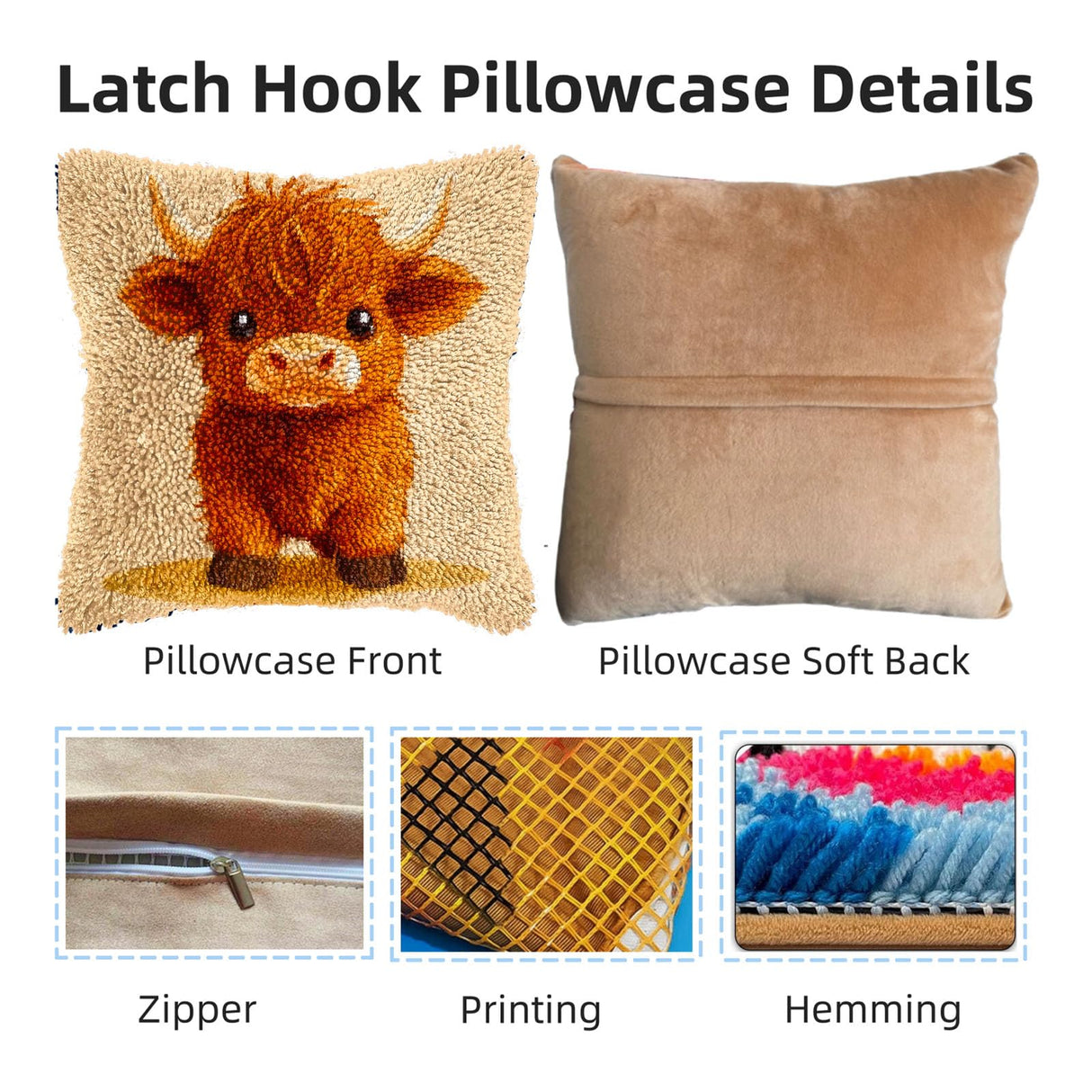 Latch Hook Pillow Kits for Adults Cute Baby Highland Cow DIY Pillow Cover Printed Pillowcase Crochet Hooking Yarns Handmade Cushion for Home Sofa Decoration 17x17inch(8) Generic