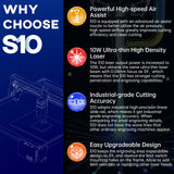 S10 Laser Engraver, 10W Optical Power Higher Accuracy Laser Cutter and Engraving Machine with Industrial X-axis Linear Slide Rail and Air Assist Nozzle Tube for Wood Metal SCULPFUN