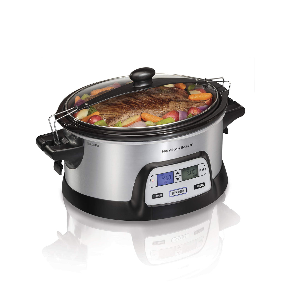 Hamilton Beach 33861 Portable Programmable Slow Cooker, Dishwasher Safe Crock, 6 Qt, FlexCook Dual Digital Timer/2 Heat Settings, Lid Lock for Easy Travel, Silver Hamilton Beach