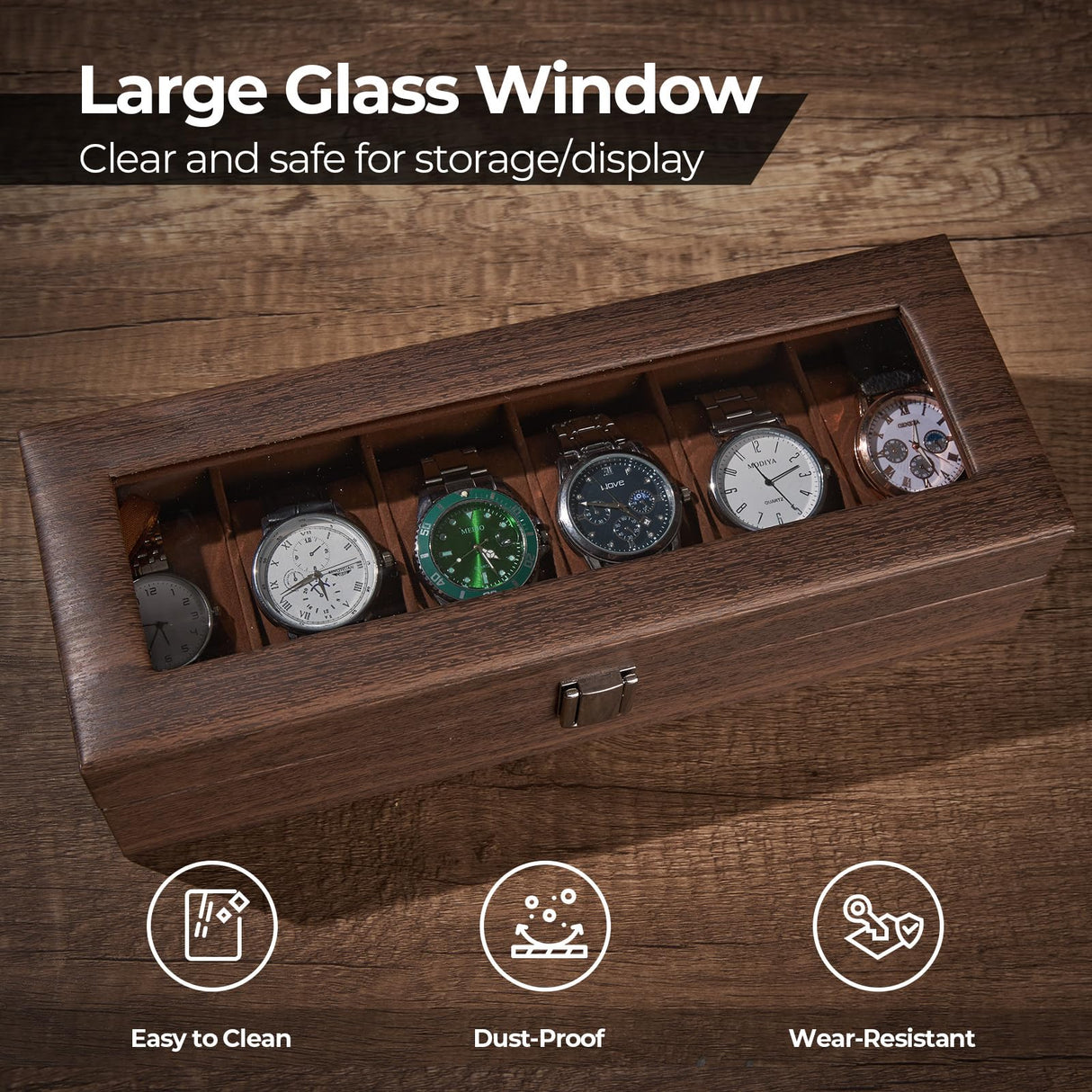 Ohuhu Watch Case, Watch Organizer for Men Wood Grain PU Leather - 6 Slot Watch Holder Real Glass Lid Jewelry Organizer Storage Soft Velvet Watch Display Case for Women Men Birthday Fathers Day Ohuhu
