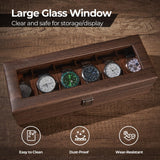 Ohuhu Watch Case, Watch Organizer for Men Wood Grain PU Leather - 6 Slot Watch Holder Real Glass Lid Jewelry Organizer Storage Soft Velvet Watch Display Case for Women Men Birthday Fathers Day Ohuhu