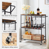 HOOBRO Bar Cart for The Home, 29.5 inches 3-Tier Serving Cart with Wheels, Rolling Kitchen Cart with Wine Rack and Glass Holder for Living Room, Party, Bar, Rustic Brown and Black BF21TC01G1 HOOBRO