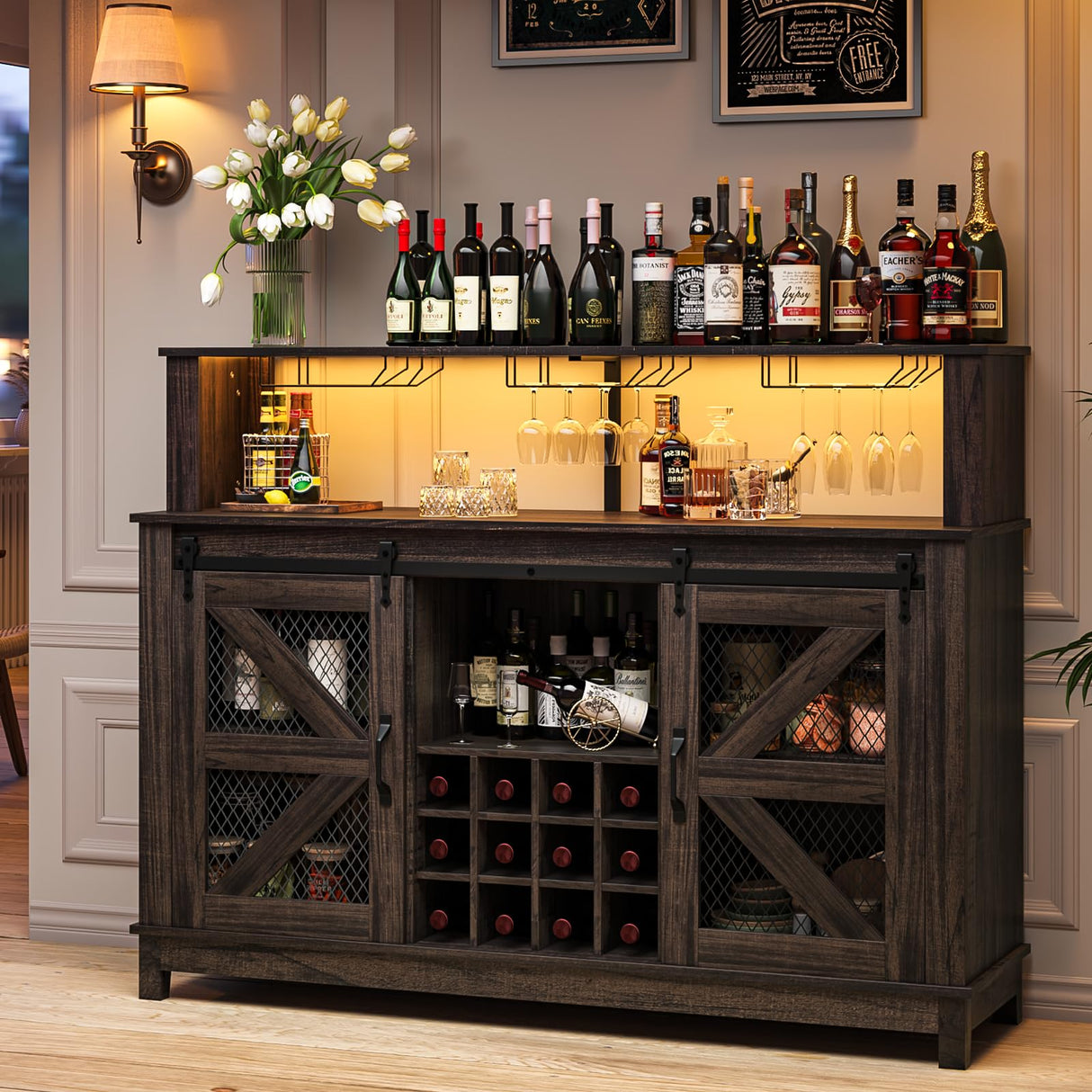 PUKAMI 55" Farmhouse Coffee Bar with LED Lights, Coffee Bar Cabinet with Storage and Hutch, Wine Bar with Sliding Barn Door & Wine and Glass Rack for Living Room, Kitchen (Brown) PUKAMI