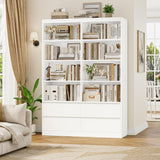 FINETONES 71" White Bookshelf with Drawers, 47.3" Double Wide Bookshelves and Bookcases with Storage, Tall Bookshelf Large Open Book Shelf Standing Book Case for Home Office, White FINETONES