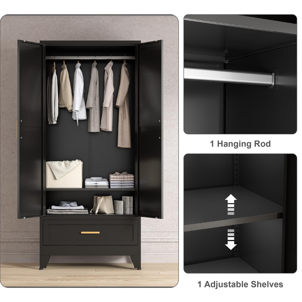 Washsemba 71'' Black Farmhouse Metal Wardrobe Cabinet with Hanging Rod, 2 Barn Door Wardrobe Closet with Adjustable Shelves,Drawer,for Dining Room,Bedroom,Living Room, Cloak Room,Office Washsemba