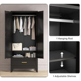 Washsemba 71'' Black Farmhouse Metal Wardrobe Cabinet with Hanging Rod, 2 Barn Door Wardrobe Closet with Adjustable Shelves,Drawer,for Dining Room,Bedroom,Living Room, Cloak Room,Office Washsemba