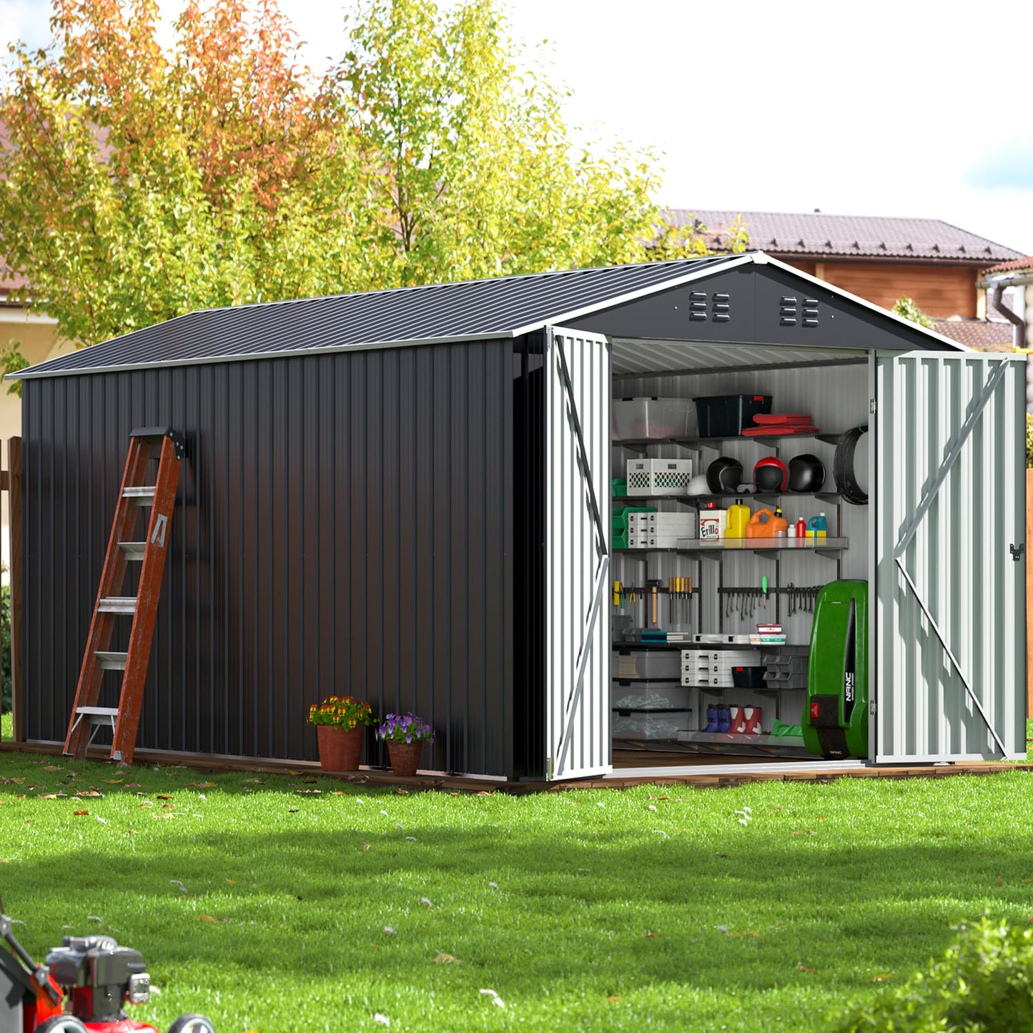 VIWAT 12x8 FT Outdoor Storage Shed, Large Garden Shed with Updated Frame Structure and Lockable Doors, Metal Tool Sheds for Backyard Garden Patio Lawn, Black - WoodArtSupply