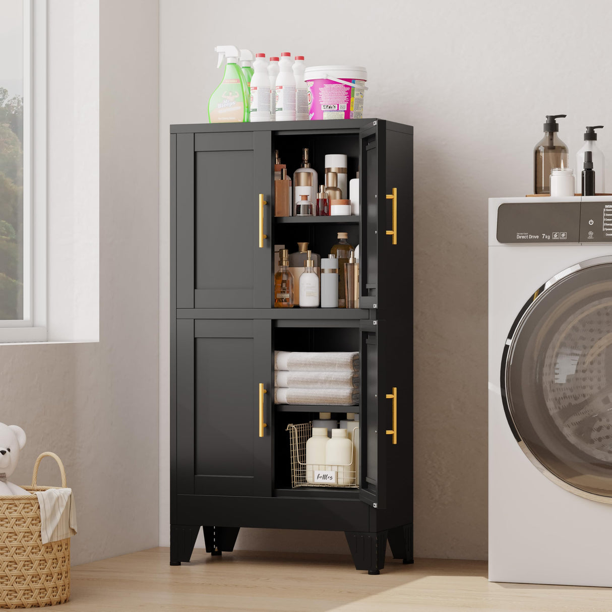 GAIOUS 47.25" Metal Storage Cabinet, Pantry Storage Cabinets with 4 Door and 2 Adjustable Shelves, Black Kitchen Food Storage Cabinet, Metal Utility Cabinet for Kitchen Dinning Room, Cupboard GAIOUS