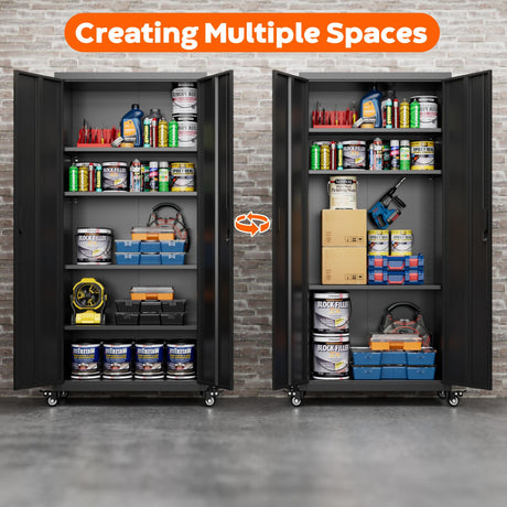 Aobabo 73" H Metal Storage Cabinet with Wheels for Garage, Rolling Tool Cabinet with 4 Shelves, for Home Office, Black, Assembly Required Aobabo