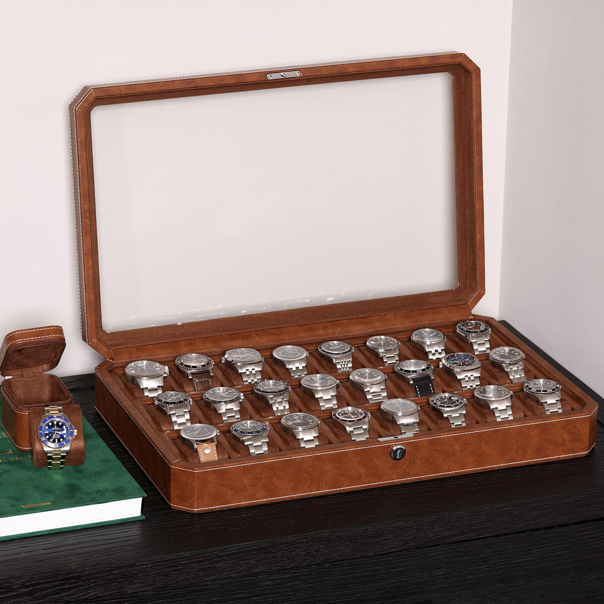 ROTHWELL 24 Slot Watch Case with Lock – Luxury Watch Box to Display and Organize Your Collection | Real Glass Top | Premium Storage for Collectors (Tan/Brown) ROTHWELL