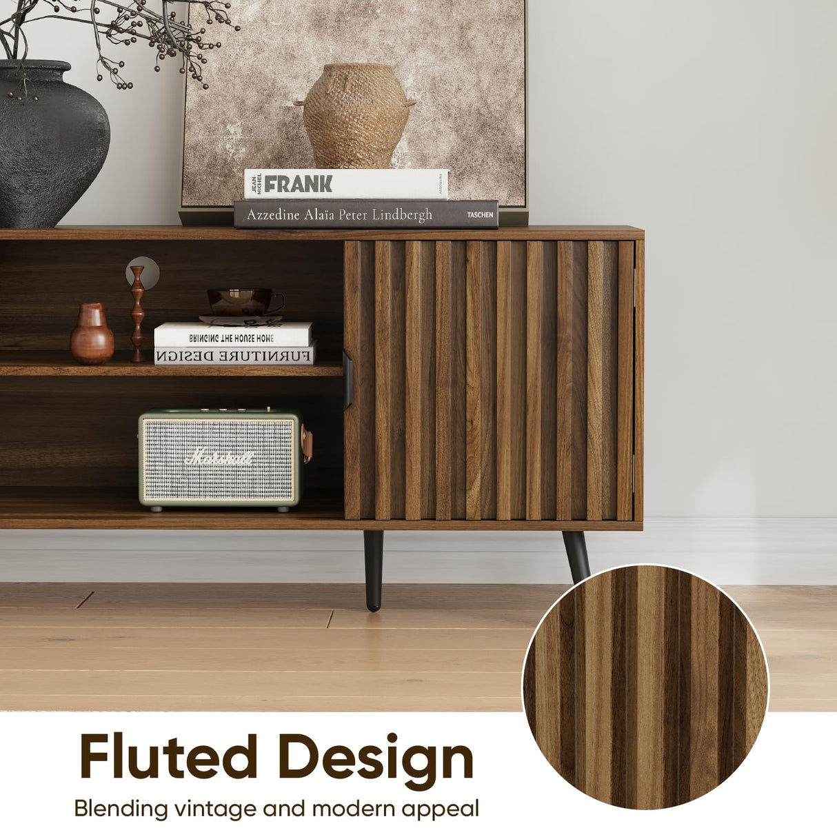 Smart FENDEE 53“ Walnut Fluted TV Stand with 2 Cabinets, Modern TV Consoles with Adjustable Shelf, Entertainment Center Fits 30" to 60" TV for Living Room, Bedroom Smart FENDEE