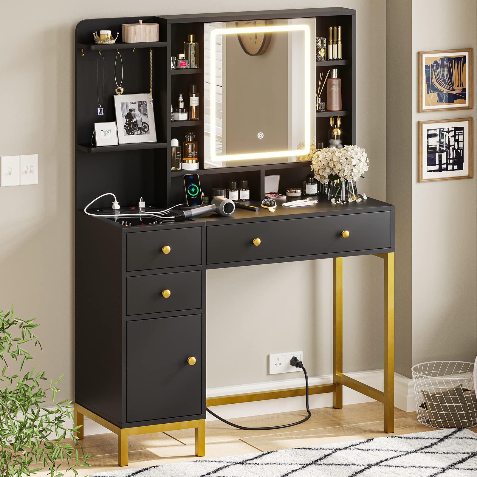 VIAGDO Vanity Desk with Openable Mirror and Lights, Black Makeup Vanity with Lights & Charging Station, Bedroom Vanity Table with 3 Drawers, Hooks, Hidden Storage Shelves - WoodArtSupply