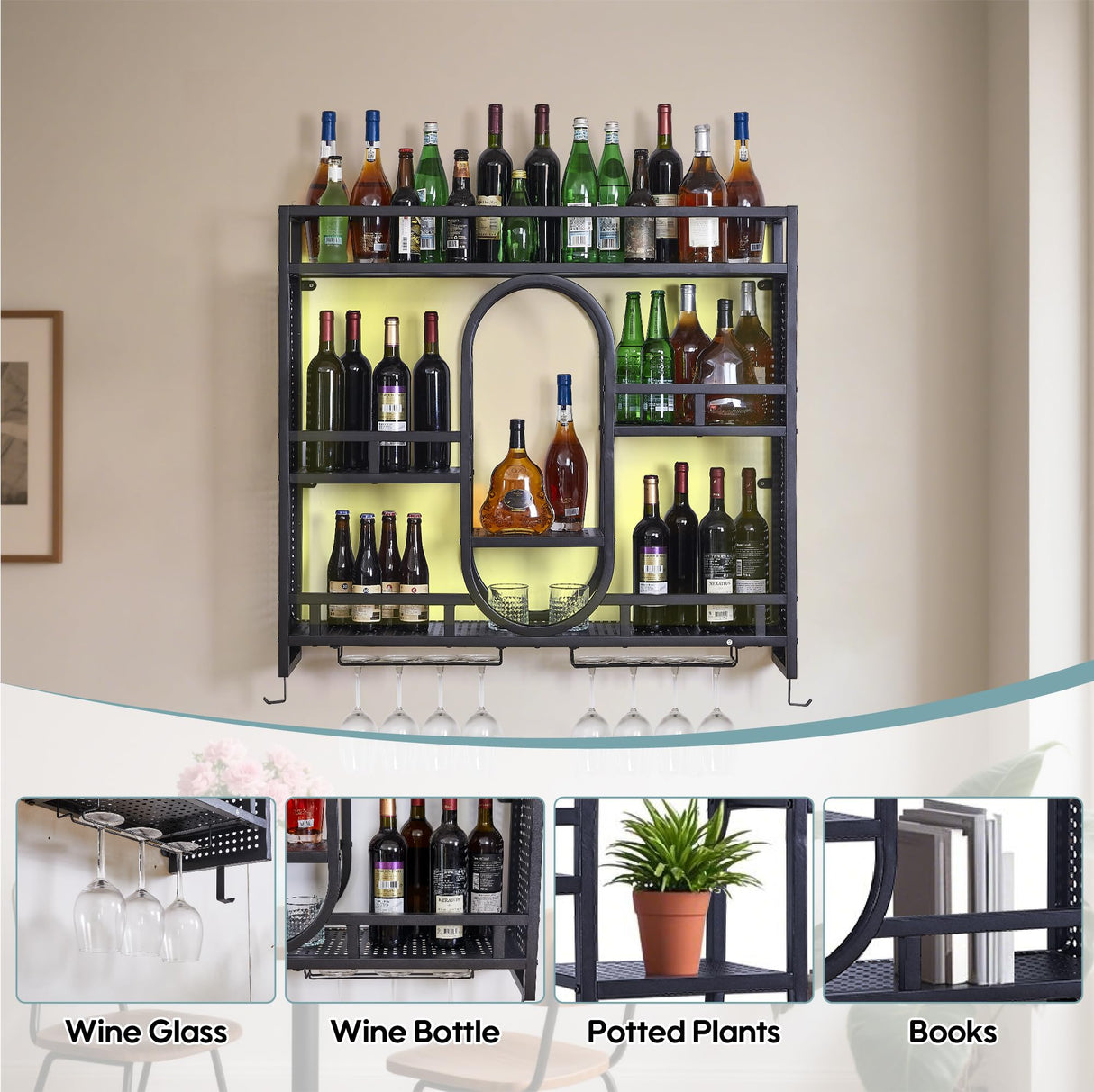 39in Wine Rack Wall Mounted with Led Light, 3-Tiers Black Bar Shelf Wall Mounted, Liquor Bottle Display Shelf, Wall Wine Rack for Kitchen Bar Dining Rooms Decoration BGGFNZ