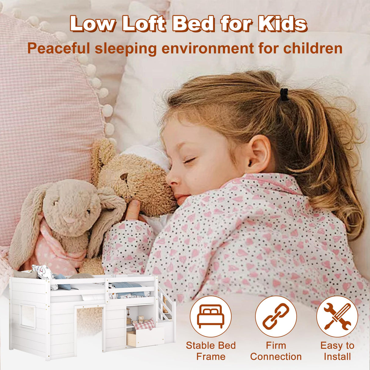 Osparple Twin Size Low Loft Bed, Kids Bed Frame with Shelf, Drawer and Stairs for Girls, Boys, Loft Bed with Storage, Strong Wood Slats Support, White Osparple