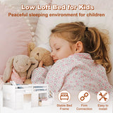 Osparple Twin Size Low Loft Bed, Kids Bed Frame with Shelf, Drawer and Stairs for Girls, Boys, Loft Bed with Storage, Strong Wood Slats Support, White Osparple
