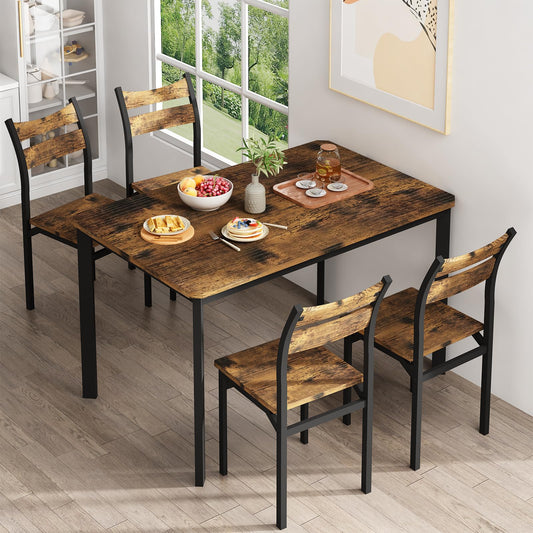 DKLGG Dining Table Set for 4 Wood Kitchen Table Chairs Set of 4, Classics Dining Table and Chairs, 5 Piece Dining Table Set with Ergonomics Chairs for Home, Small Space, Apartment (Rustic Brown)