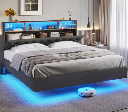 ADORNEVE King Floating Bed Frame with Storage Headboard and RGB LED Lights, Linen Upholstered Platform Floating Bed with USB-C/A Charging Station,Innovative Stable Structure,Dark Gray