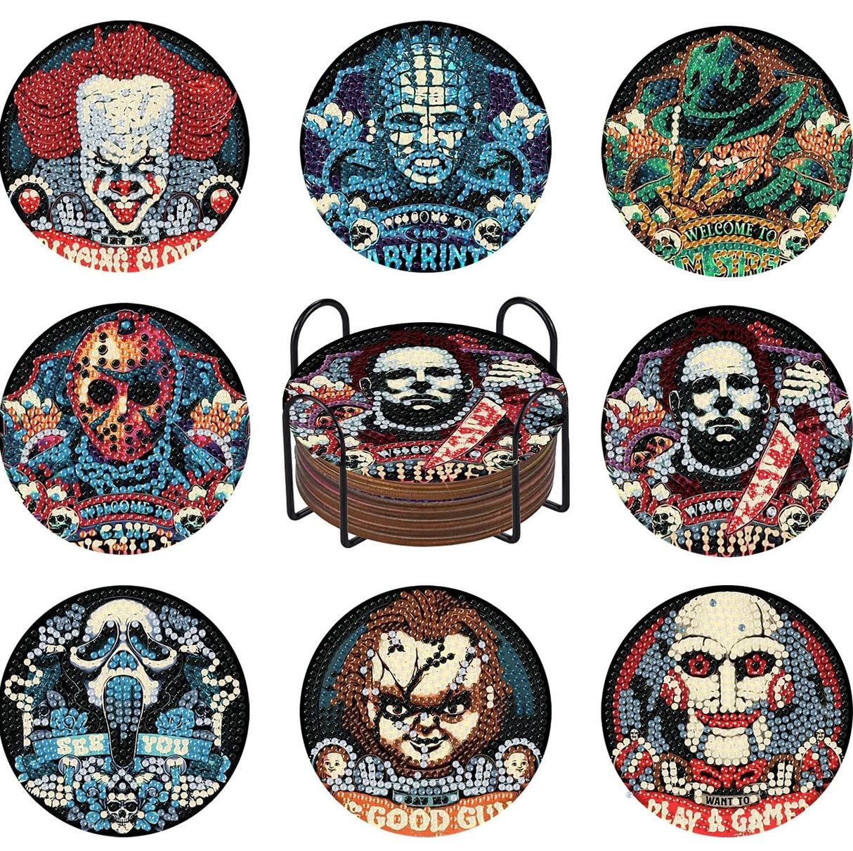 8 Pcs Halloween Diamond Art Coasters Kit for Adults - Round Full Drill Horror Diamond Painting Coasters Set with Holder,DIY Diamond Dot by Number Coaster Art and Craft for Home Wall Decor Gifts Ammklfh