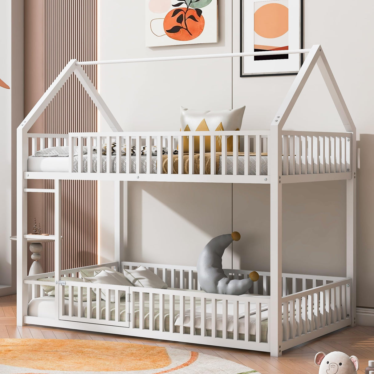 Bellemave Metal Bunk beds Twin Over Twin Size, Twin bunk beds with guardrail and Door for Kids, Floor bunk Bed, House bunk Bed for Kids，White Bellemave