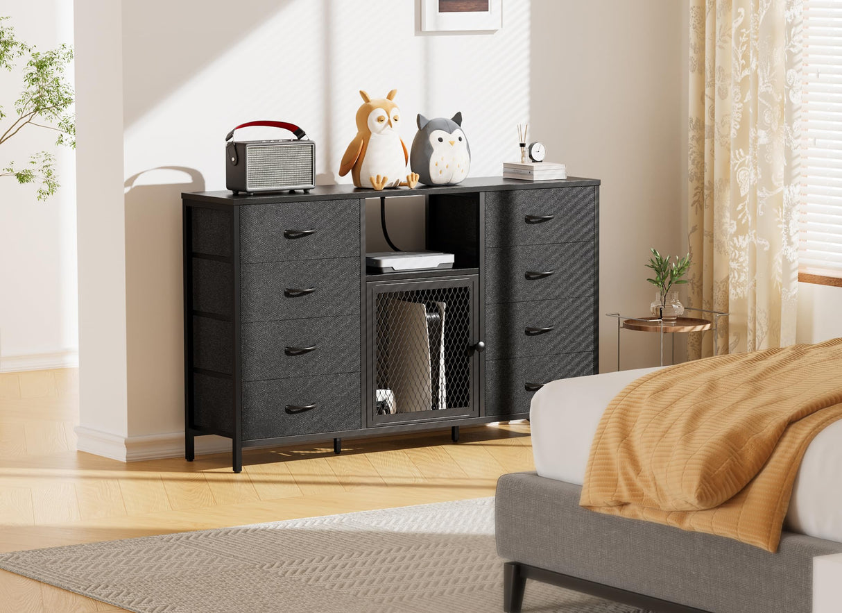 Decofy Dresser for Bedroom with LED Lights and Power Outlets, 8 Drawers TV Stand Dresser for 65 Inch TV, Fabric Chest of Drawers with Open Shelves, Black Dressers for Bedroom, Closet Decofy