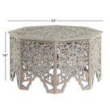 Deco 79 Wooden Floral Handmade Living Room Coffee Table Intricately Carved Table with Hollow Interior, Center Table 33" x 33" x 18", Light Gray Deco 79