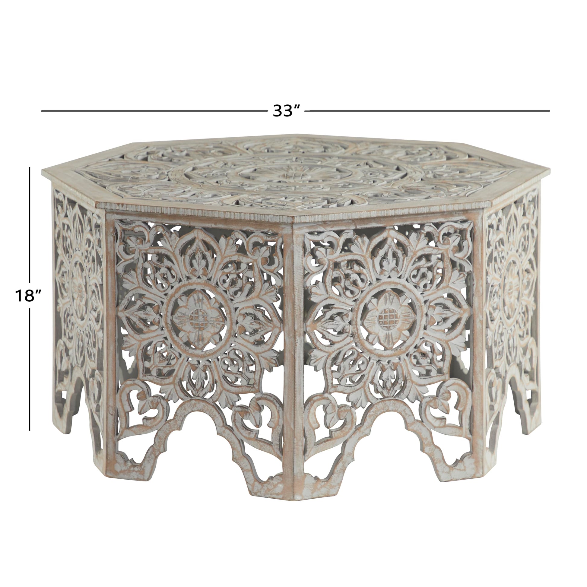 Deco 79 Wooden Floral Handmade Living Room Coffee Table Intricately Carved Table with Hollow Interior, Center Table 33" x 33" x 18", Light Gray - WoodArtSupply