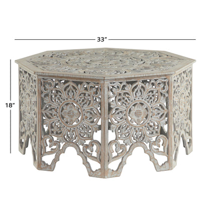 Deco 79 Wooden Floral Handmade Living Room Coffee Table Intricately Carved Table with Hollow Interior, Center Table 33" x 33" x 18", Light Gray - WoodArtSupply