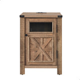 JXQTLINGMU Farmhouse End Table with Charging Station, 18'' Rustic Nightstand with Barn Door & Adjustable Shelf, Wooden Sofa Side Table with 3-Tier Storage for Living Room, Bedroom, Light Brown JXQTLINGMU