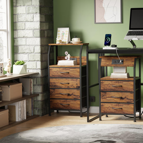 Furnulem Night Stand with Charging Station, USB Ports and Outlets, 28.3 Inch Tall Bedside Table with Wood Shelf, 3 Fabric Drawers Side Table for Bedroom, 3 Ways to Use, Rustic Brown Furnulem