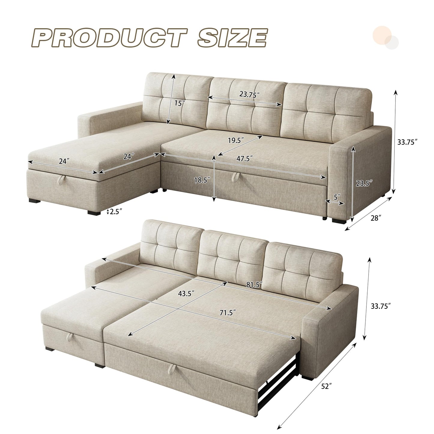 YOPTO Sectional Sleeper Sofa with Storage Chaise,Convertible L Shaped Pull Out Couch Bed with 3 Removable Back Cushion for Living Room, Apartment,Office,Beige,81.5"