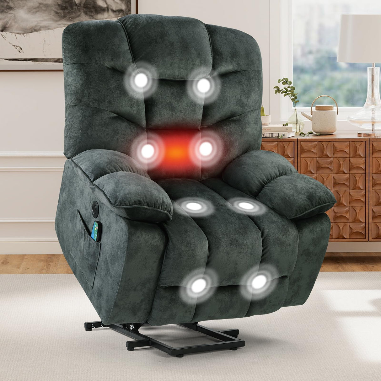 HAOMARKETS Oversized Power Lift Recliner Chair with Massage and Heat for Elderly, Soft Fabric Electric Lifting Recliners with Side Pockets and USB Port for Living Room, Dark Green HAOMARKETS