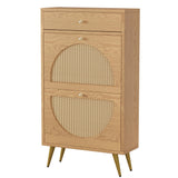 Shintenchi Shoe Rack Storage Cabinet with 2 Semi-Circular Rattan Doors and 1 Drawer, Freestanding Shoe Cabinet with Adjustable Shelf for Front Door Entrance, Hallway, Oak Shintenchi