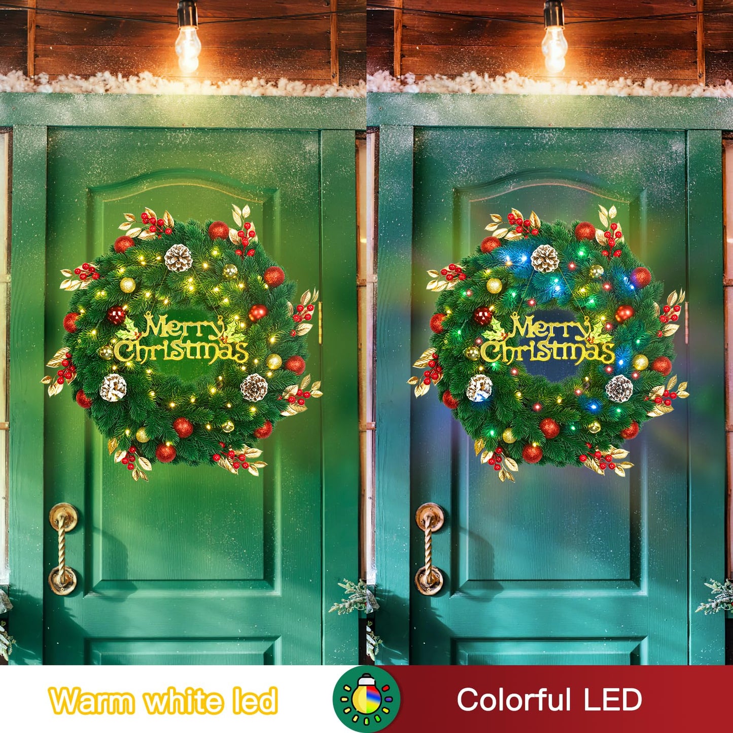 Pre Lit Christmas Wreath with Lights,Lighted Christmas Wreaths for Front Door with 45 Led Battery Operated 8 Modes Remote Control Timer,Indoor Outdoor 18 Inch Artificial Xmas Wreath Decorations