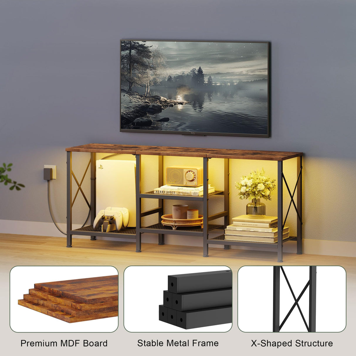 JARHETUN TV Stand with LED Lights for 55 Inch TV, Entertainment Center with 3-Tier Open Shelves, TV Console Table for Living Room, Bedroom, Rustic Brown JARHETUN