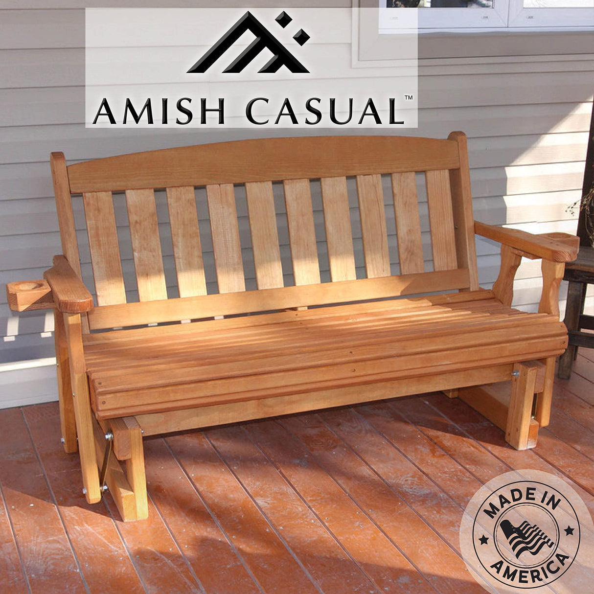 Amish Heavy Duty 800 Lb Mission Pressure Treated Porch Glider with Cupholders (5 Foot, Cedar Stain) Amish Casual