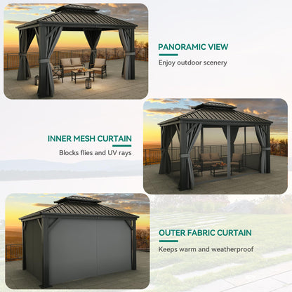 YITAHOME 10x12ft Hardtop Gazebo with Nettings and Curtains, Heavy Duty Double Roof Galvanized Steel Outdoor Combined of Vertical Stripes Roof for Patio, Backyard, Deck, Lawns, Gray - WoodArtSupply