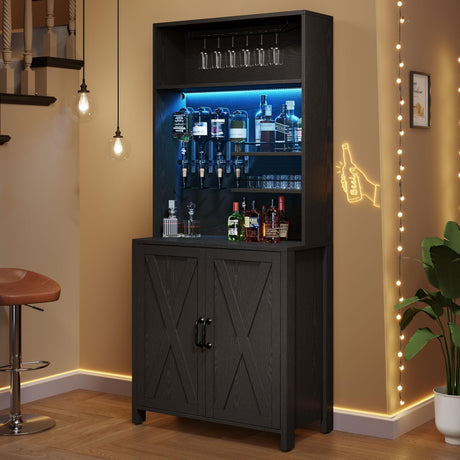 DWVO Farmhouse Bar Cabinet w/LED Lights, 71" Tall Wine Bar Cabinet for Liquor & Glasses, 4-Bottle Liquor Dispenser & Wine Rack, Kitchen Cabinet w/Storage, Black DWVO