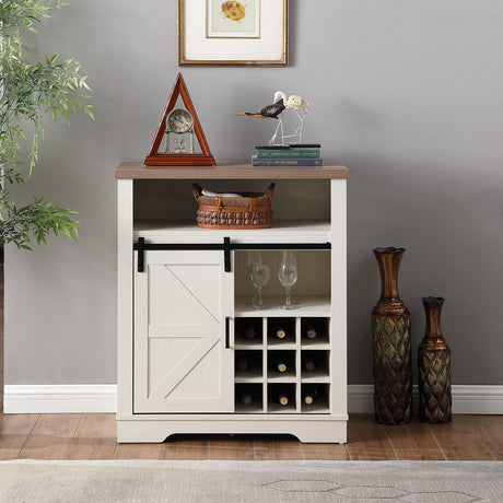 Kebuz House Farmhouse Wine Cabinet with Sliding Barn Door & Open Shelf, Liquor Cabinet with Rack for Inside Cabine，Buffet Table for Dining Room, Kitchen，Off White Kebuz House