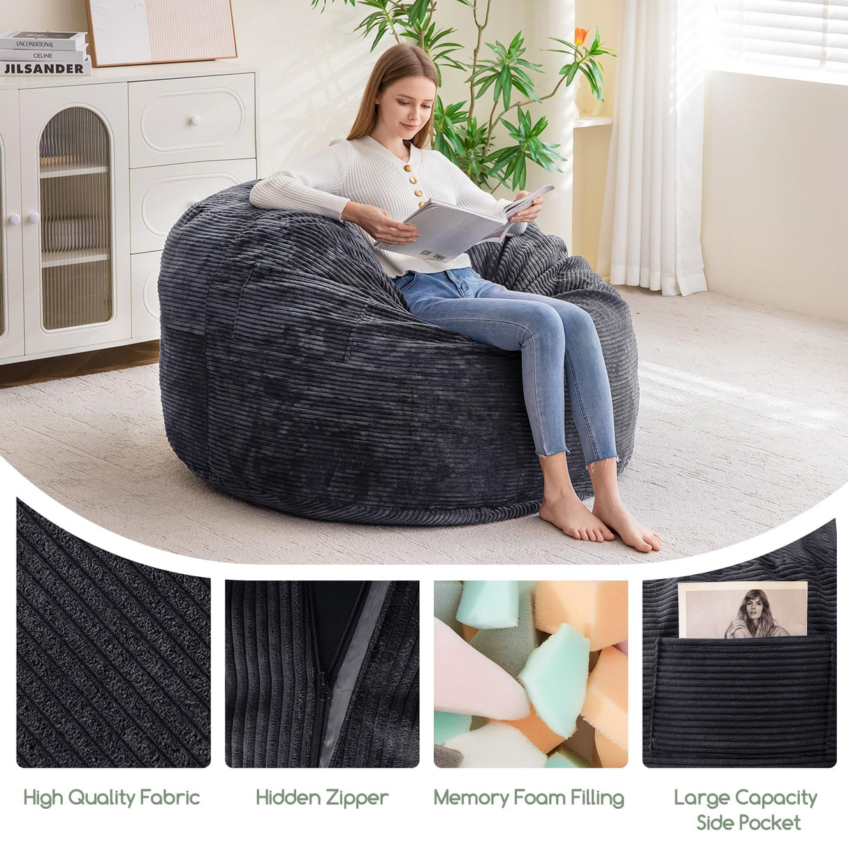 HIGOGOGO Giant Bean Bag Chair Bed for Adults,Convertible Beanbag Folds from Lazy Chair to Floor Mattress Bed,Large Floor Sofa Couch for Adult,Couples,Family,High-Density Foam Filling, Machine Washable HIGOGOGO
