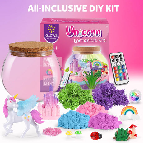 Rofio Unicorn Terrarium Kit for Kids, Unicorn Toys for Girls Age 4 5 6 7 8-12 Year Old, Birthday Gift for Girls, Arts and Crafts Kit for Kids, DIY Toys with 13-Color Remote LED Night Light Rofio
