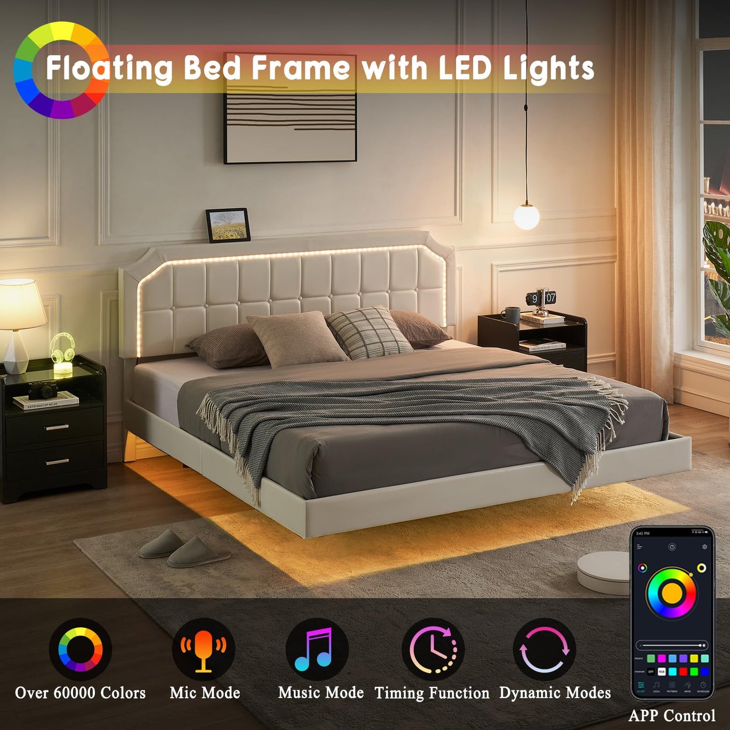 IDEALHOUSE King Size Floating Bed Frame with RGB LED Headboard and Adjustable Upholstered Design - WoodArtSupply