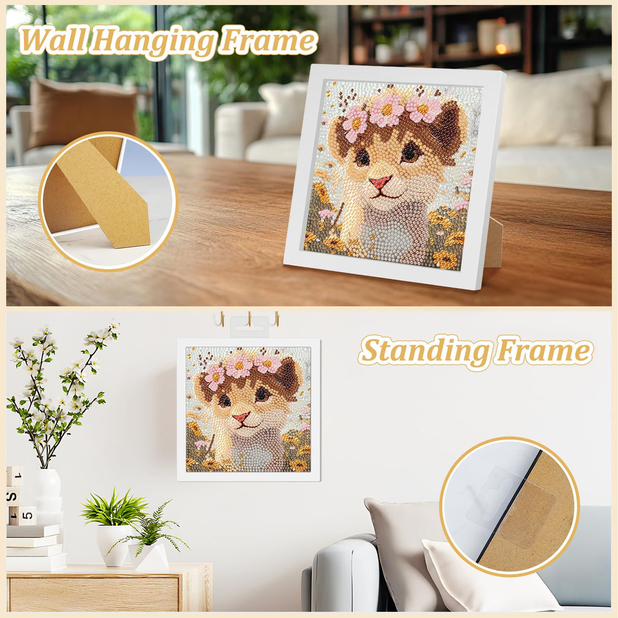 SENQAO Lion Diamond Art Kit for Adults with Frame Art and Crafts for Adults Ages 6-8 -10-12 Easy to DIY Diamond Art for Adults and Adult Beginners Home Wall Decoration 7.1x7.1inch SENQAO