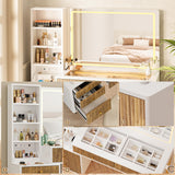 DAMCROP 44 Inch Vanity Desk with 32'' Lighted Mirror & Charging Station, Dressing Table with Modern Fluted Design Glass Top 5 Drawers, 3 Shelves Makeup Vanity Set for Bedroom Dressing Room(White) DAMCROP