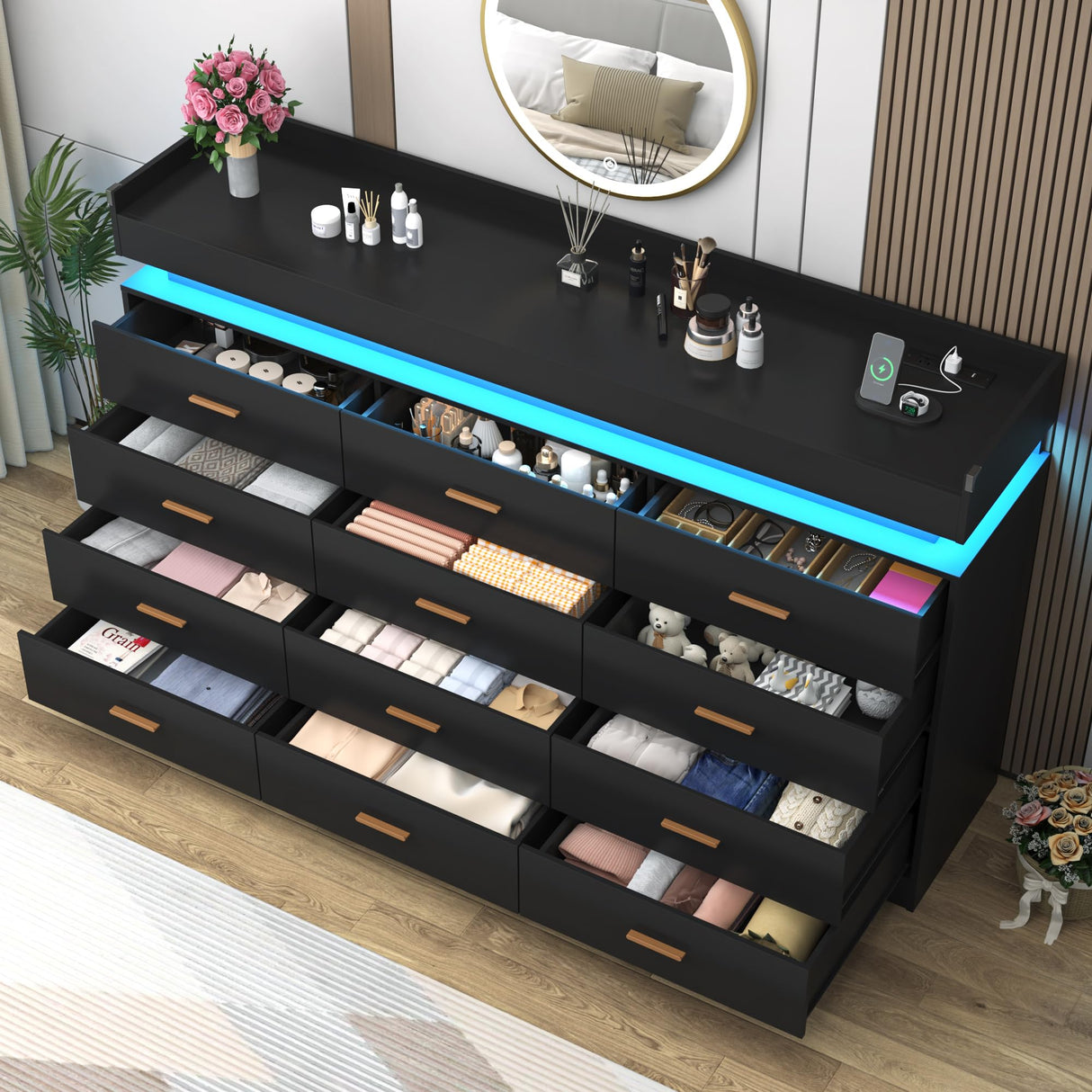 12 Drawer Dresser with LED Light and Charging Station, 70" Modern Chest of Drawers for Closet, Wide Drawer Organizer Cabinet for Bedroom, Living Room, Entryway, Hallway, Black Hlivelood