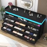 12 Drawer Dresser with LED Light and Charging Station, 70" Modern Chest of Drawers for Closet, Wide Drawer Organizer Cabinet for Bedroom, Living Room, Entryway, Hallway, Black Hlivelood